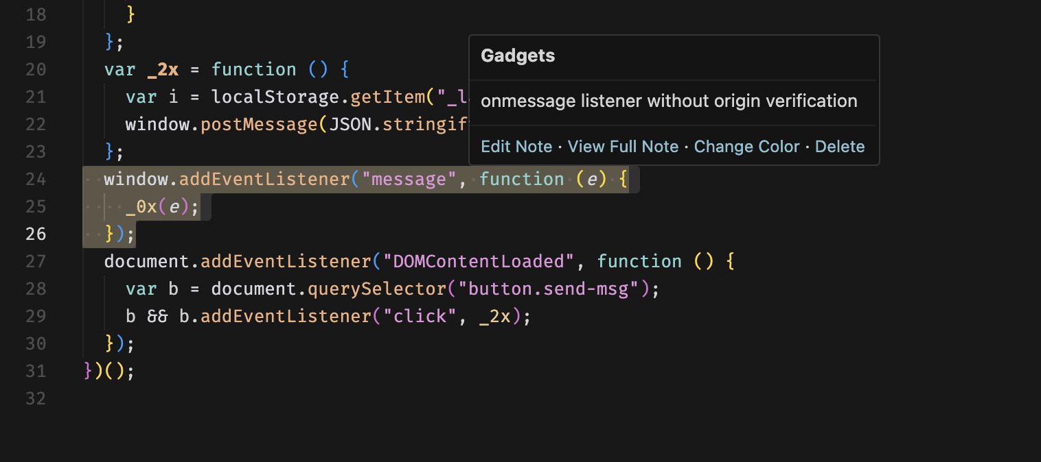 JXScout bookmarks highlighting code gadgets and data flows