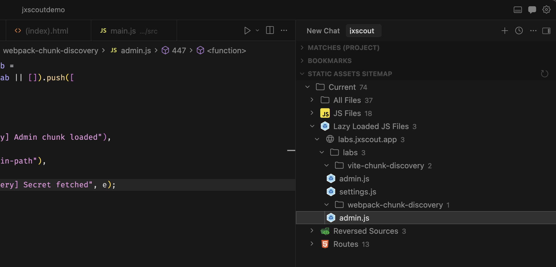 JXScout chunk discovery showing lazy-loaded JS files