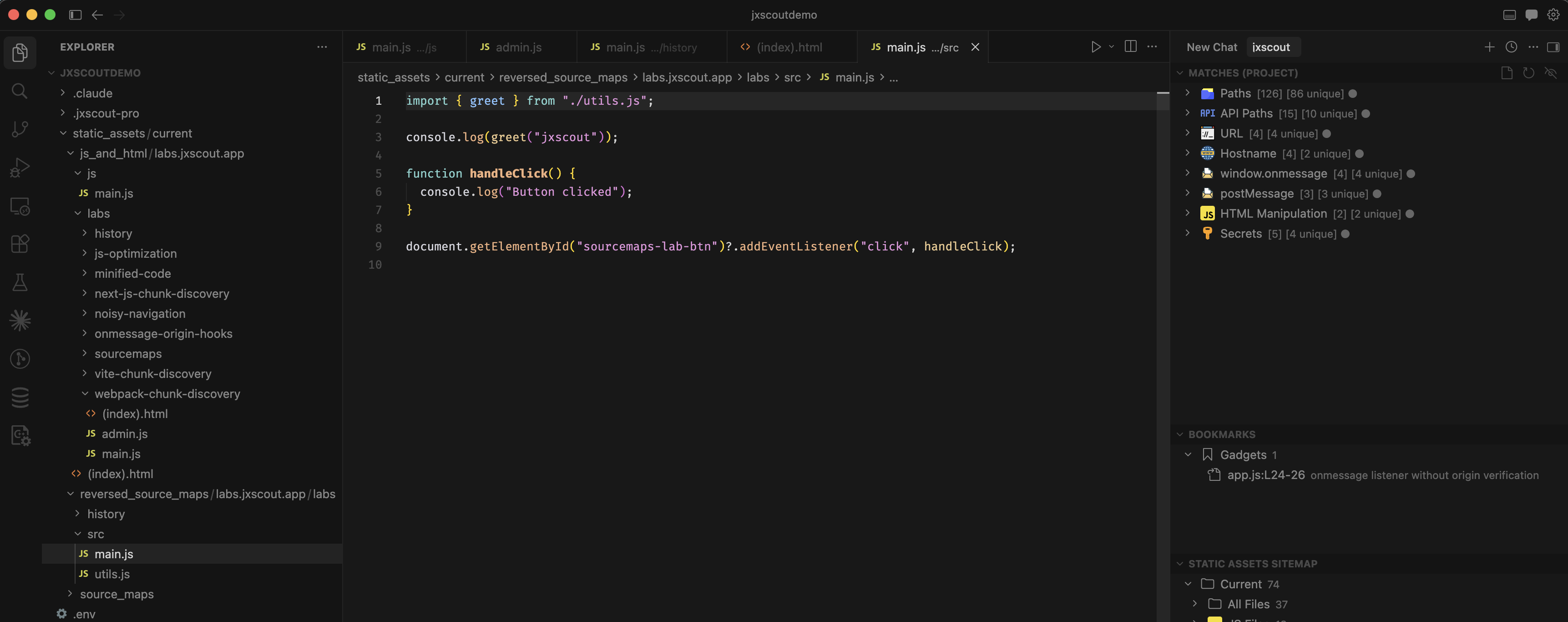 JXScout static analysis extracting API paths, hostnames, and patterns